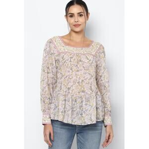 American Eagle Pink Yellow Floral Boho Peasant Top Long Sleeve Blouse size XS